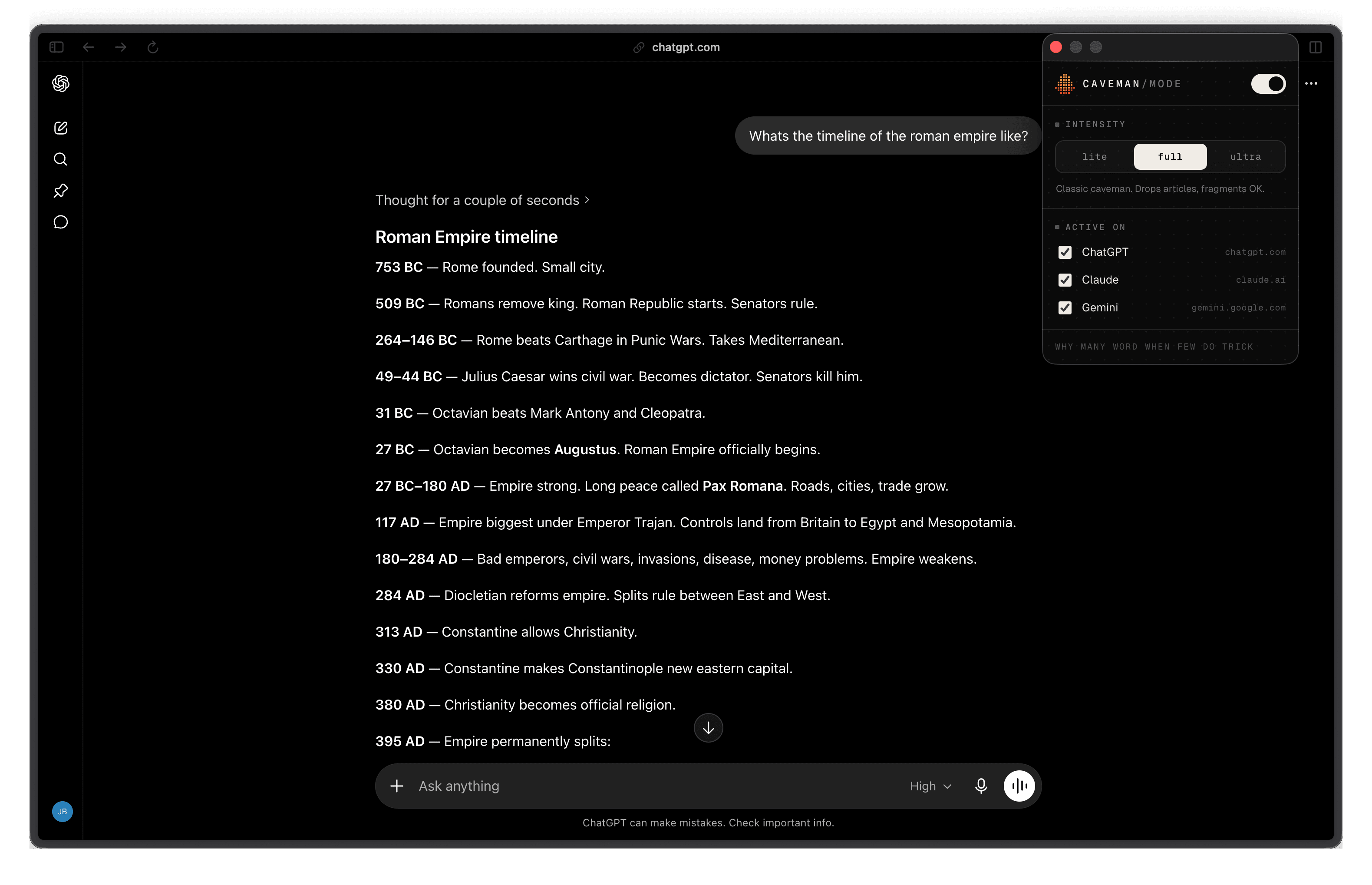 ChatGPT with the Caveman extension — a compressed answer and the control panel docked beside it.