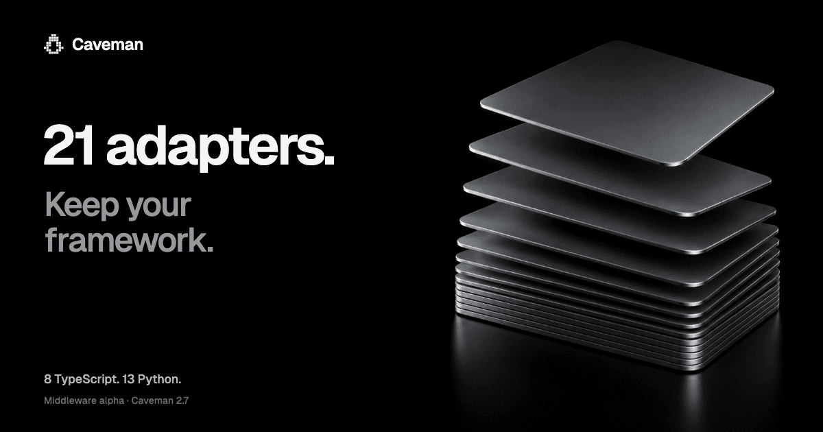 Caveman: 21 adapters. Keep your framework. Graphite sheets close into a compact stack. Eight TypeScript adapters and thirteen Python adapters. Middleware alpha.