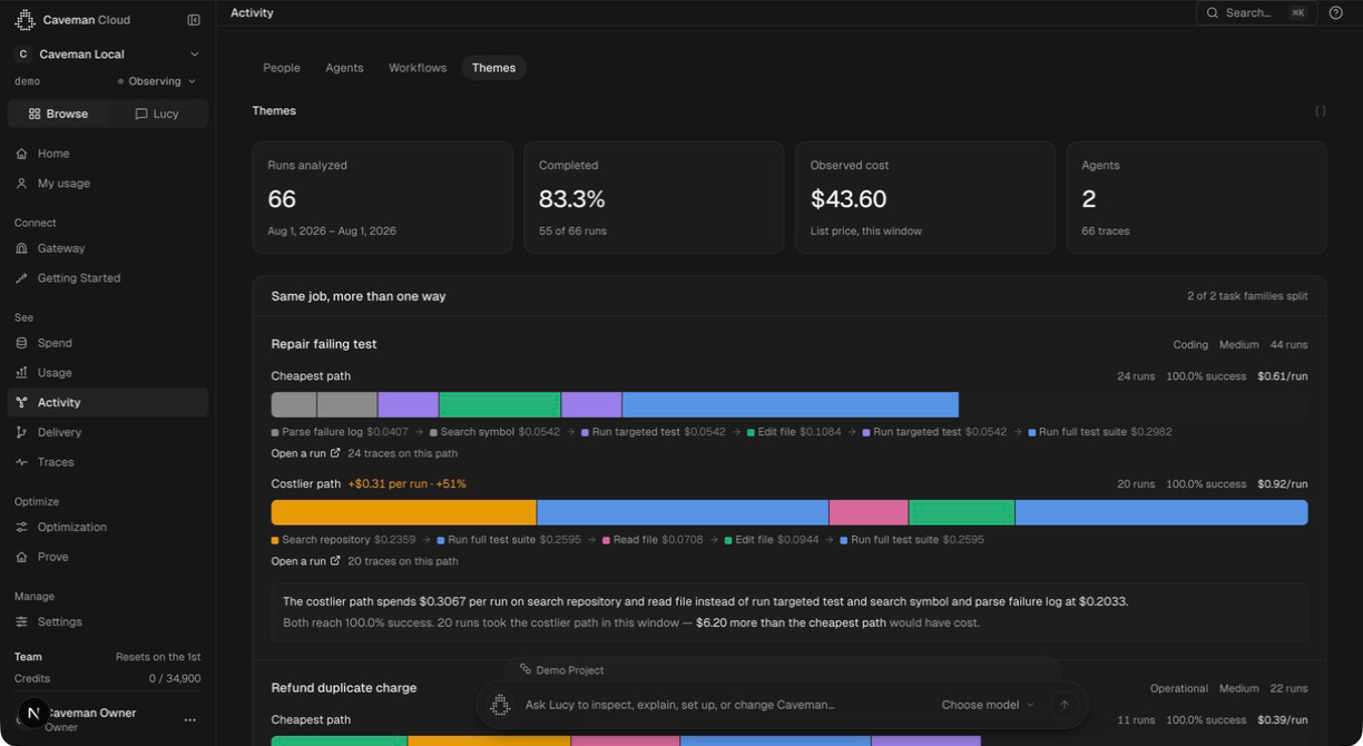 The Activity Themes view: 66 runs analysed at $43.60 of list-price cost, and a Repair failing test task family split into a cheapest path at $0.61 per run and a costlier path at $0.92 per run, each drawn as a coloured step bar with the price of every step.