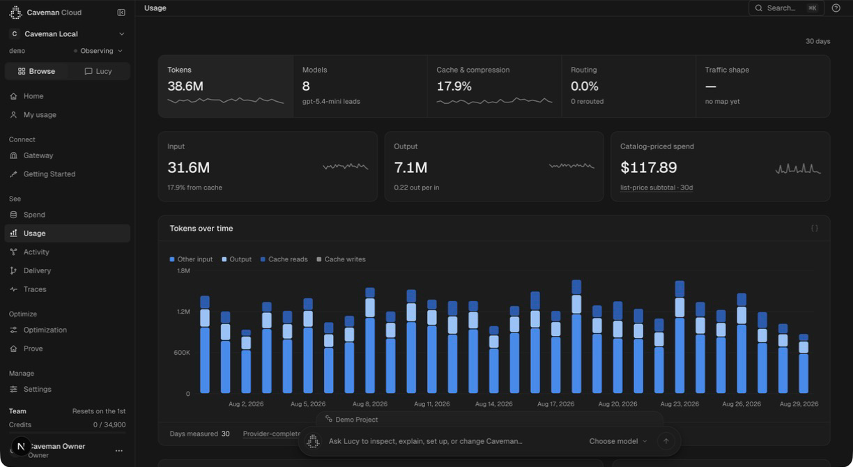 Caveman Cloud usage view: 38.6M tokens across 8 models over 30 days, 17.9% from cache, a catalog-priced spend subtotal of $117.89, and a tokens-over-time chart split by input, output and cache reads and writes.