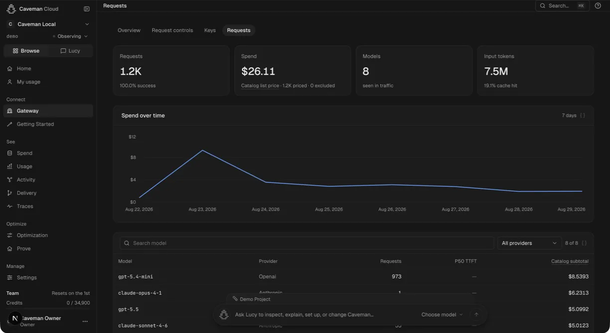 The gateway Requests view: 1.2K requests at 100% success, $26.11 of catalog list-price spend across 8 models and 7.5M input tokens, a spend-over-time line chart, and a table of models with provider, request count and catalog subtotal.