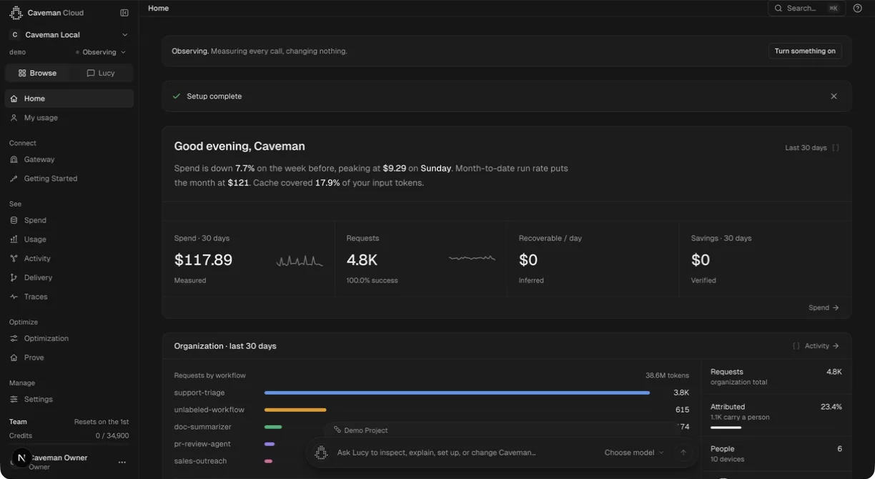 The Caveman Cloud home screen: a banner reading Observing — measuring every call, changing nothing; tiles for measured 30-day spend, request count, inferred recoverable spend per day, and verified savings at $0; and a bar chart of requests by workflow.