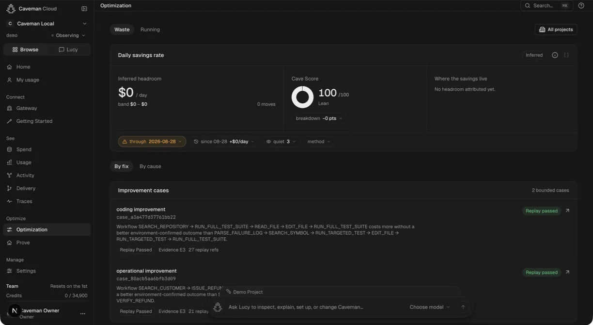 The Optimization Waste tab: an inferred headroom tile reading $0 per day, a Cave Score of 100 out of 100, and two bounded improvement cases — a coding improvement and an operational improvement — each naming the costlier workflow path, marked Replay Passed with evidence and replay references.