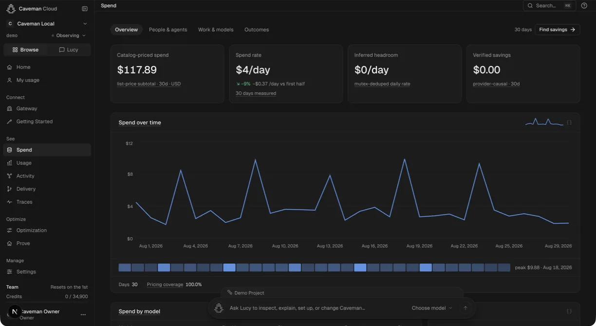 The Spend overview: $117.89 of catalog-priced spend over 30 days, a $4/day rate, $0/day inferred headroom, $0.00 verified savings, and a spend-over-time chart with 100% pricing coverage across 30 days.